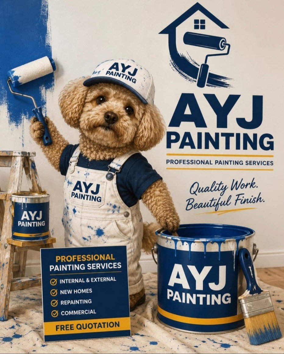 AYJ Painting mascot — a poodle in AYJ overalls holding a paint roller