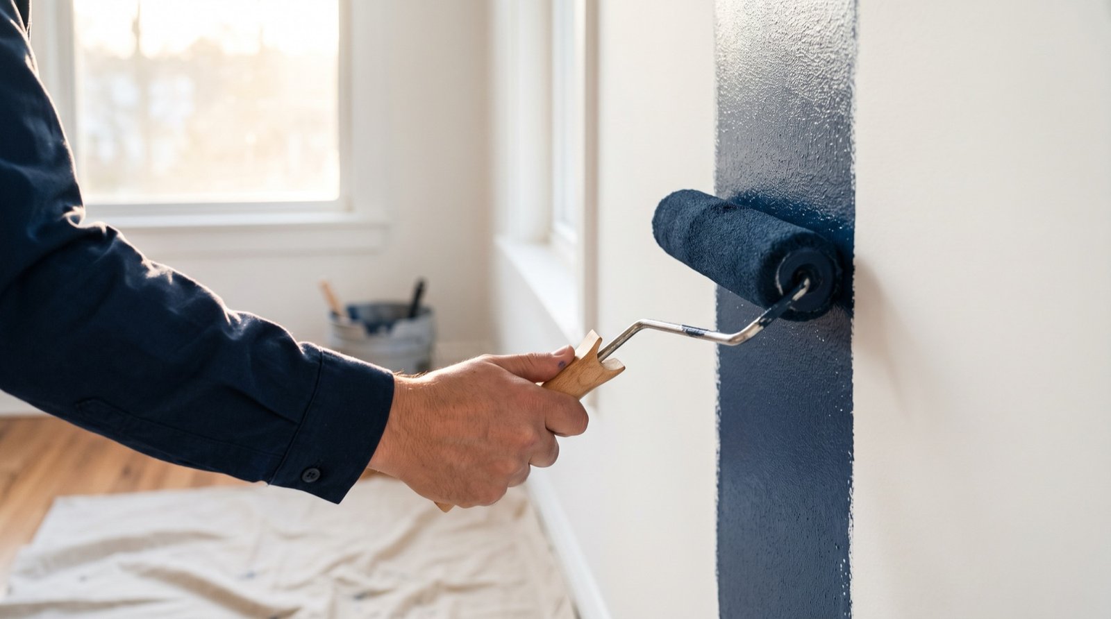 Painter rolling deep blue paint onto a clean interior wall
